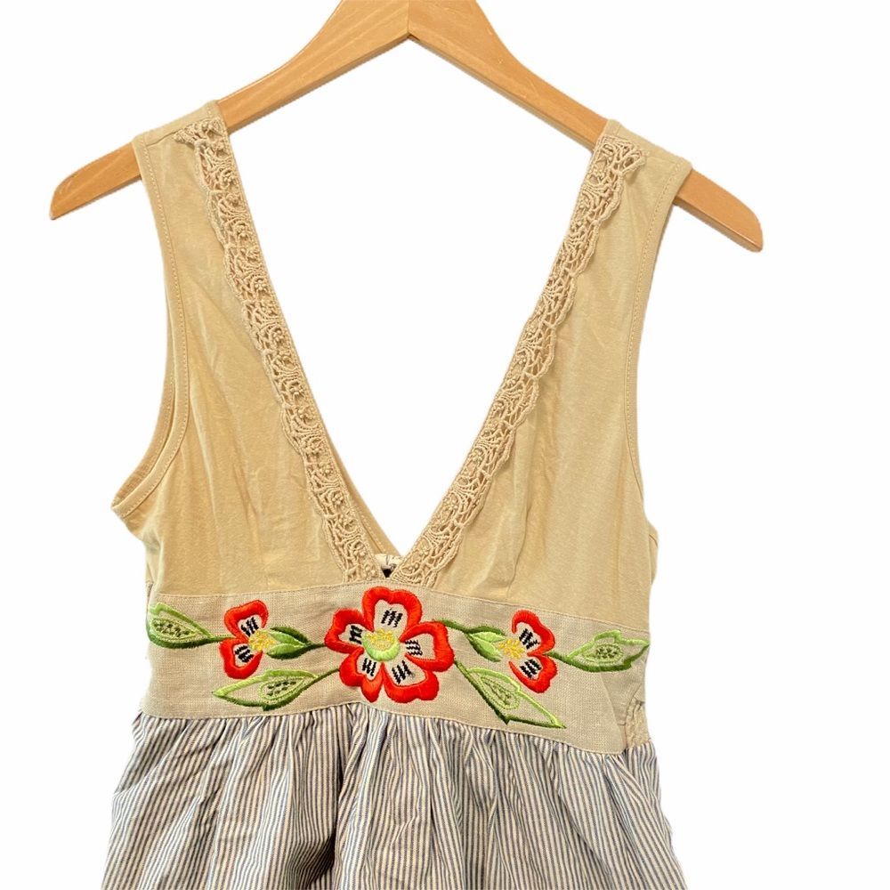 FREE PEOPLE Top BLouse V Neck Embroidered Stripe Plunge Neckline Boho Coastal - Picture 2 of 6